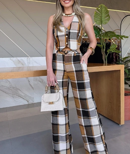 

Tow Piece Set Women Outfits 2023 Autumn 2023 Fashion Checker Sleeveless V-Neck Button Vest Top & Elegant Straight Pants Set