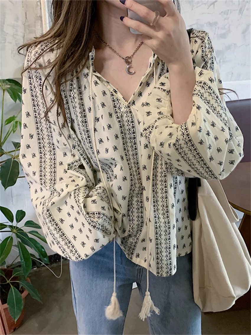 

Vigorous Girl Printed Blouses Chic Women 2022 Vintage Full Sleeve Loose All Match Casual High Street Florals Blusas