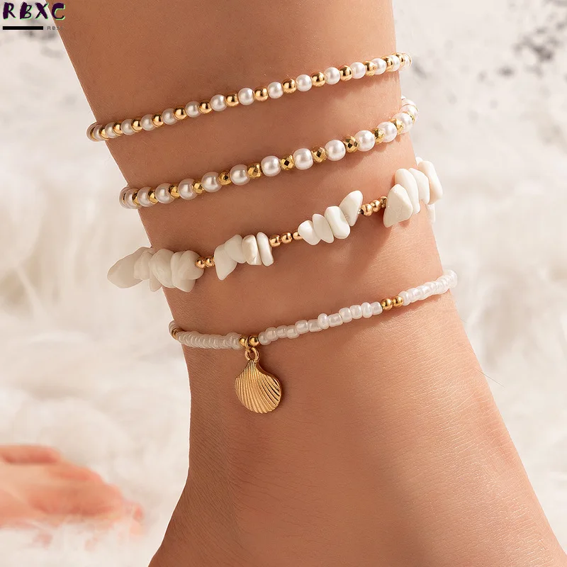 

RBXC 4 Pcs Boho Weave Bracelets Set for Women Charm Smooth Open Bangle Beads Rope Chain with Metal Shell Beach Girls Wrist Je