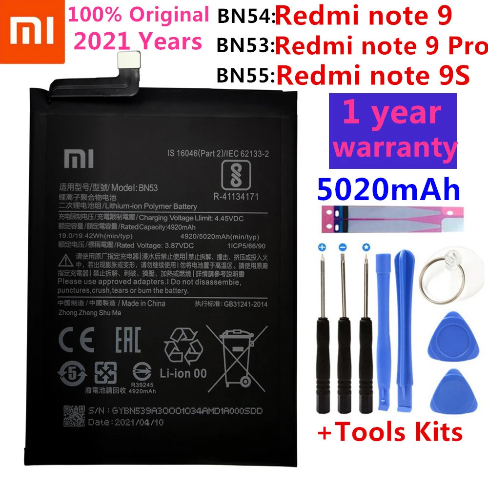 

100% Original 5020mAh BN53 BN54 BN55 Replacement Battery For Xiaomi Redmi note 9 Pro 9S Bateria Mobile Phone Batteries Tools