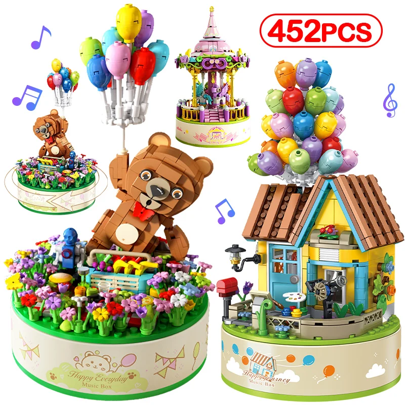 

452PCS City Rotating Carousel Music Box Building Blocks Friends Balloon House Bricks Home Decorations Toys for Children Gifts
