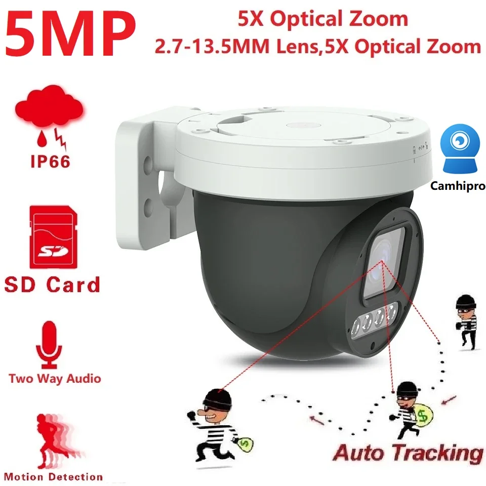 

5-кратный оптический зум 5 Мп PTZ купольная IP-камера POE наружная Автоматическая камера наблюдения за людьми камера ночного видения 30 м P2P Camhipro