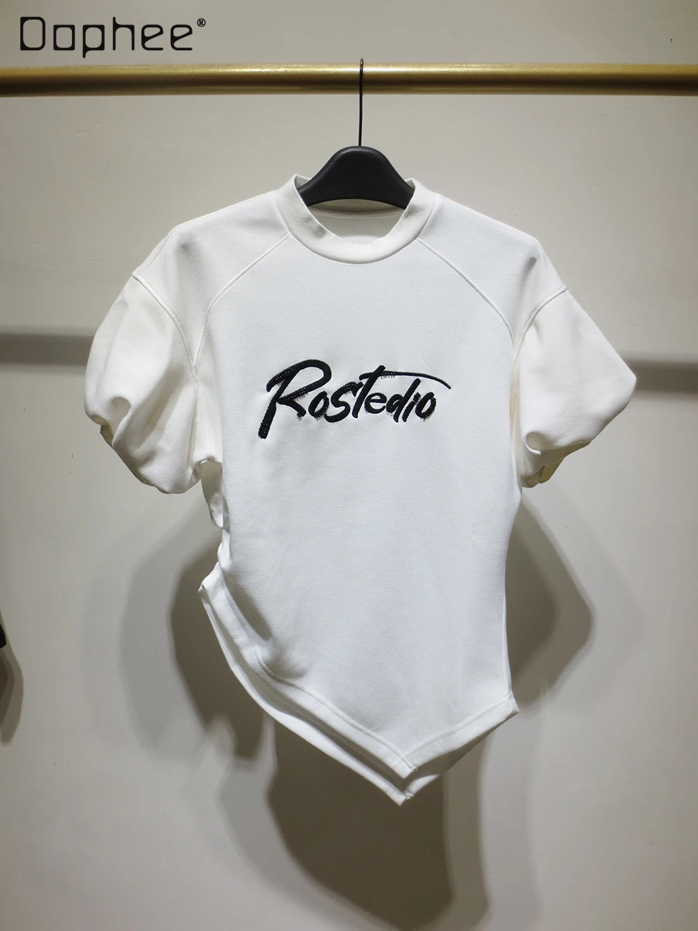 

Loose Letter Beaded Embroidery White Tshirts Women 2022 Summer Women Casual Irregular Short Puff Sleeve T-shirt Tops Streetwear