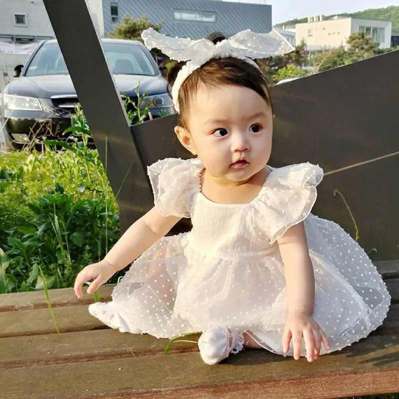 

Корейское летнее модное платье для младенцев 2023, хлопковое платье в горошек с вышивкой и квадратным вырезом, наряд для маленьких девочек с рукавами принцессы