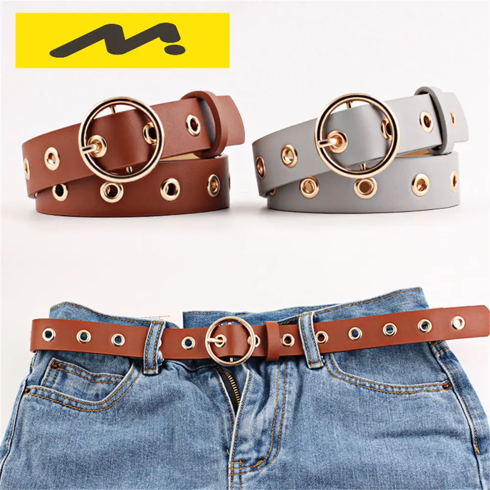

Women Belt Round Buckle Fashion Leather Belt for Women Black Pink White Blue Red Ladies Accessories Belts 103cm