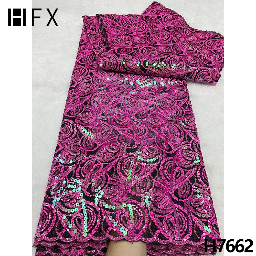 

HFX 2022 magenta Sequins Lace Fabric african Lace Fabric Bridal Fabric Luxury Quality French Lace For Asoebi Wedding dress H7662