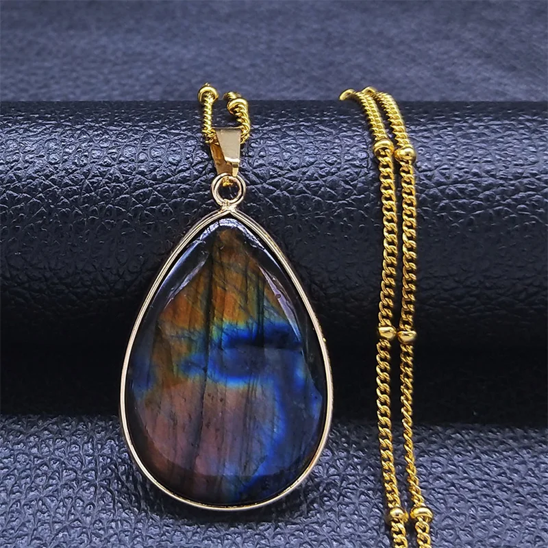 

Boho Labradorite Necklace Water Drop Natural Healing Stone Gem Stones Pendant Necklaces Reiki Moonstone Energy Jewelry NA158S04