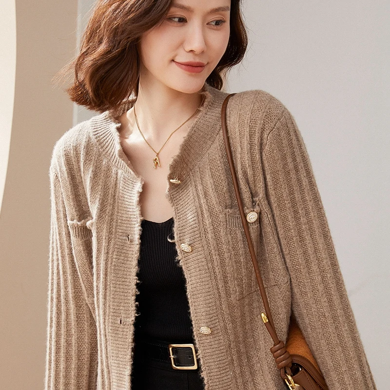 

High-End 100% Pure Wool Cardigan Women's Round Neck Autumn And Winter New Small Fragrance Loose Knit Sweater Coat Slim