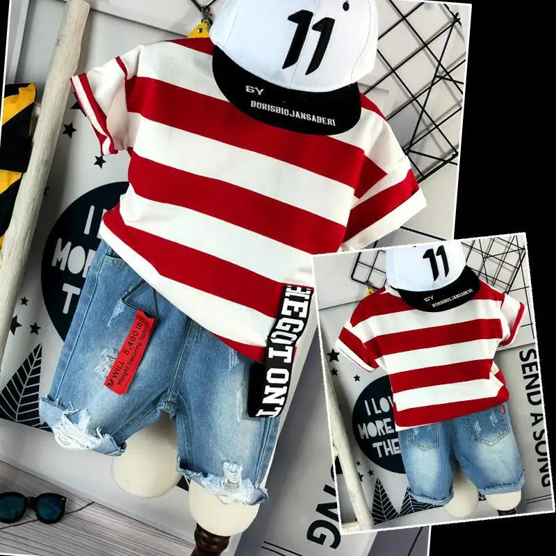 

Baby Zomerkleding Set Top En Broek Denim Kinder Kleding Jongen T-Shirt Jeans Met Patches Gestreept Ronde Hals Top Trainingspakke