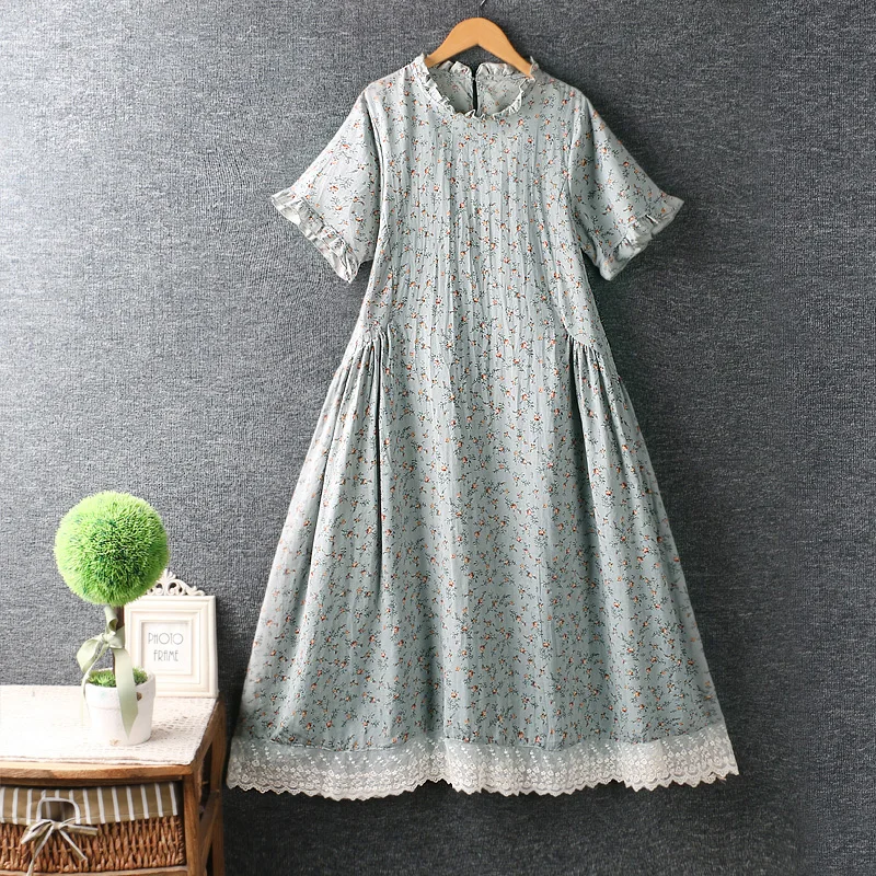 

2022 Summer Vintage Print Dress Women Short Sleeve Floral Dress