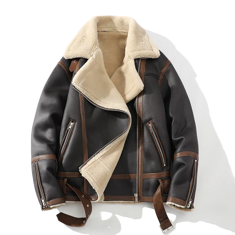 New Fleece Men Motorcycle Leather Jackets Fashion Biker Embroidery Bomber Coat Mens Winter Fur Collar Warm Coats Wholesale