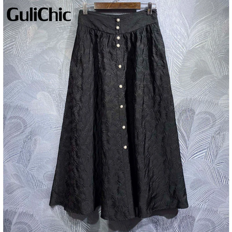 

6.2 GuliChic High Quality Vintage Jacquard Flower Button Decoration Collect Waist Elegant Black Skirt Women