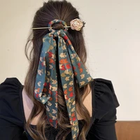 2022 fashion antique french dish hairpin female bow headdress new korean cat print silk scarf spring summer flower hair ornament