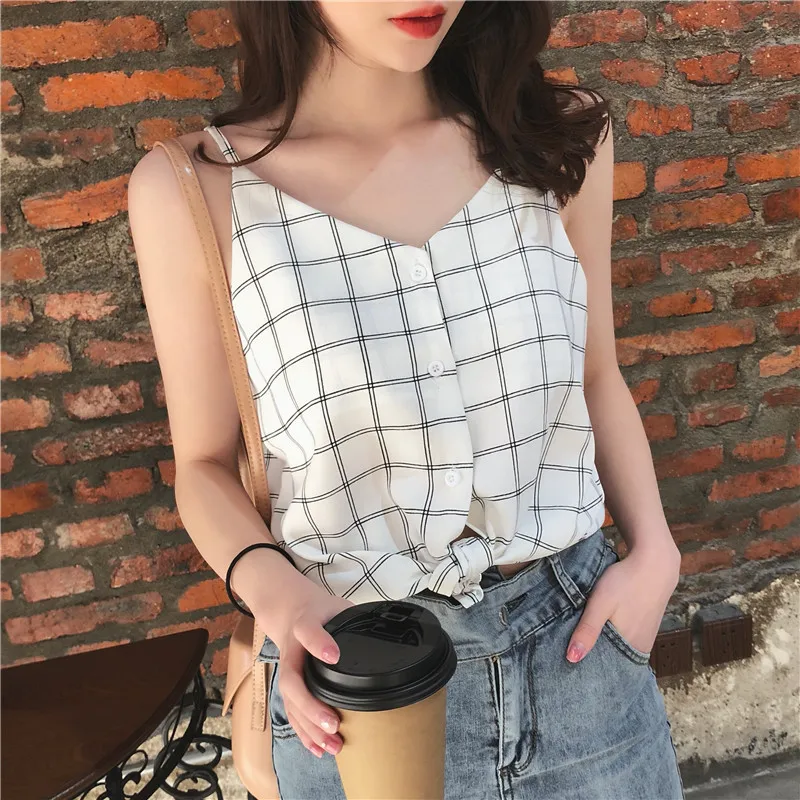 

Korean Fashion Sweet Chiffon Plaid Camisoles Summer Women Cute Single Breasted Sleeveless Tank Tops Simple Casual Basic Camis