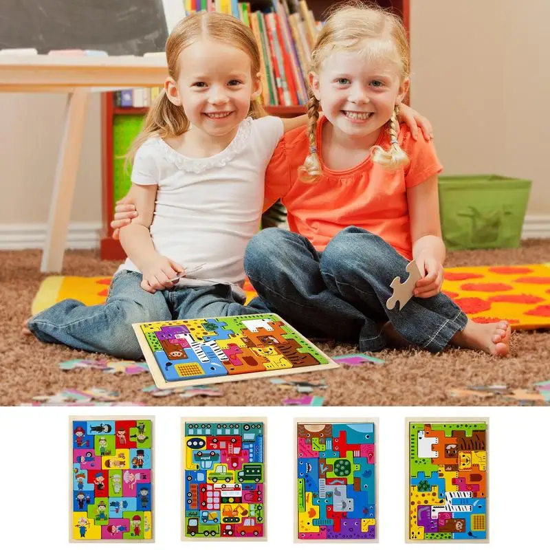 

Wooden Blocks Puzzle Fun Animal Tangram Puzzle People Pattern Colorful Pieces For Kids Over 3 Years Old Learn Shapes Vehicles Se