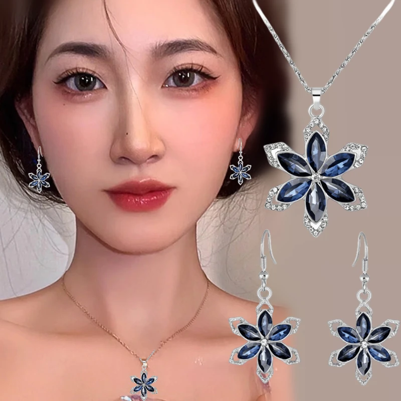 

Fashion New Blue Crystal Snowflake Necklace Earrings Set for Women Personality Six Petals Flower Banquet Ladies Jewelry Set Gift