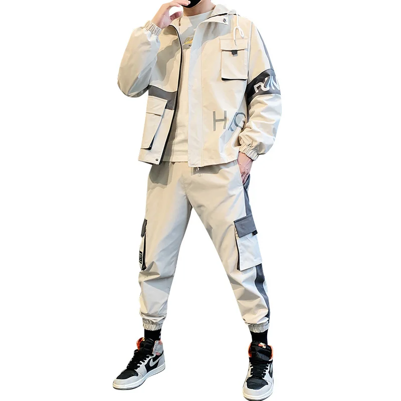 Spring and Sportswear Autumn Function Patchwork Hip-Hop Sweatshirt + Pants Men Casual Jacket Street Track Suit