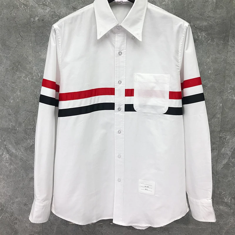 THOM Spring Autunm Fashion Brand Men's Transversed Chest RWB Stripe Casual Cotton Oxford Slim Wholesale TB Shirt