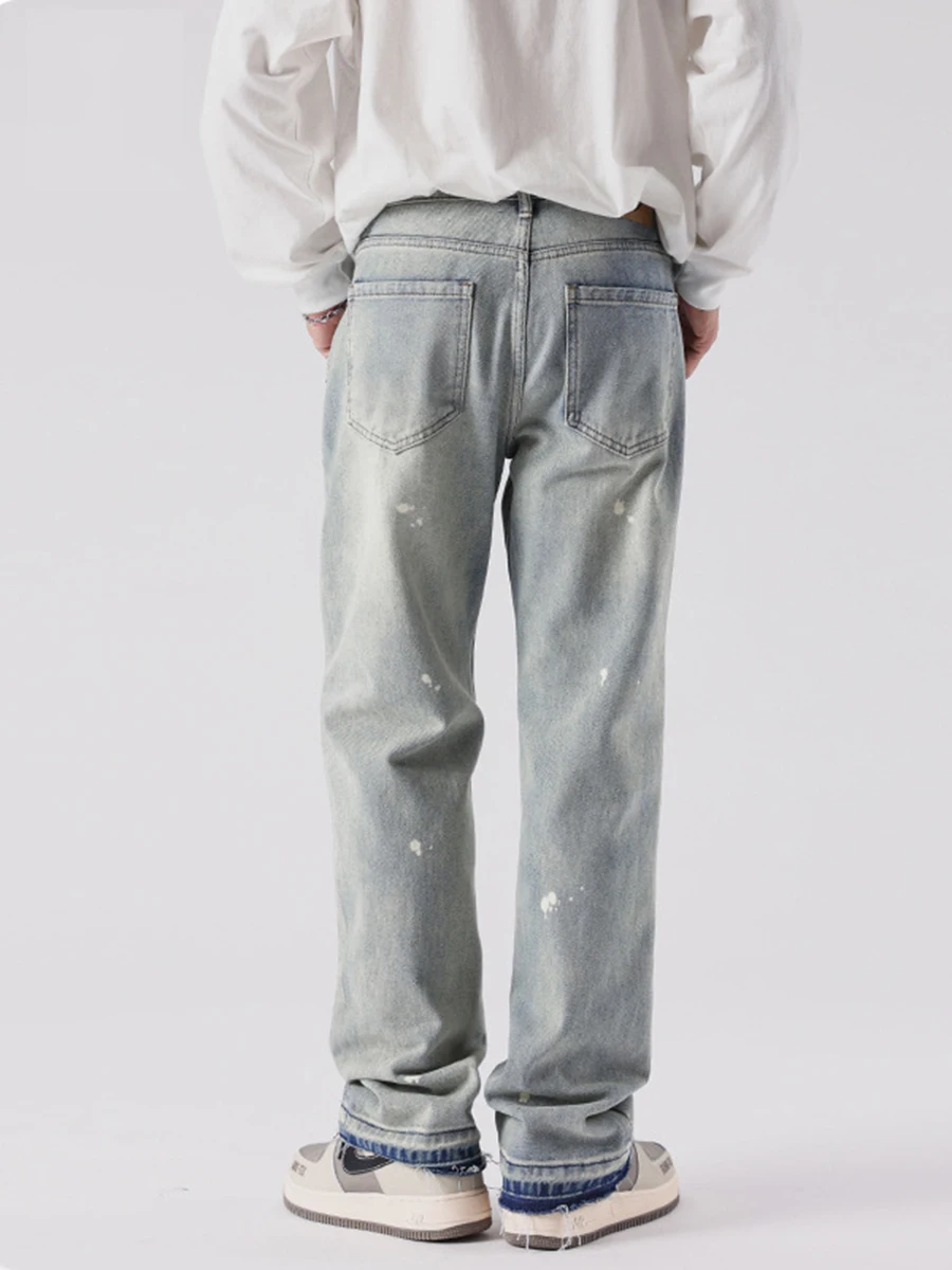 Four Seasons Men Jeans High Street Washed Y2kmen Jeans Raw Edge Splash Ink Straight Pants Fashion Streetwear Ins Hot Sale JEANS