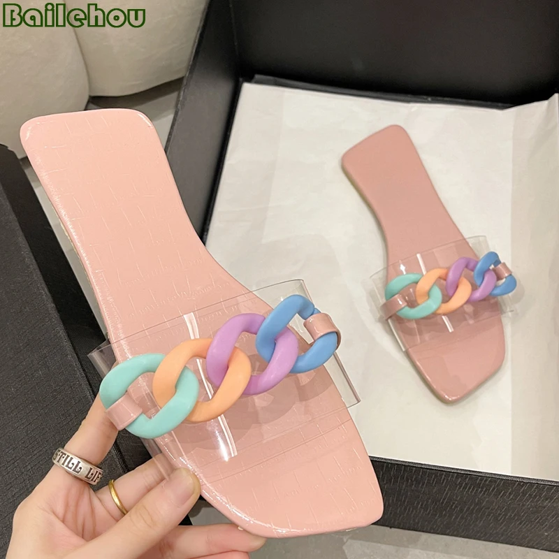 

Chain Slippers Women Flip Flops Summer 2022 New Beach Casual Pvc Square Toe Rubber Slides Female Shoes Outside Ladies Flats