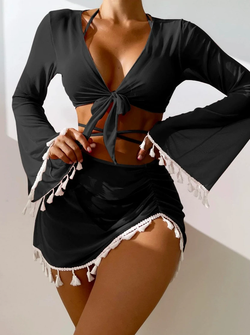

New Four-piece Set Exotic Tassels Swimsuit Beautiful Beach Sexy Women's Bikini Suits For Summer Separate Push Up 2023 Girls