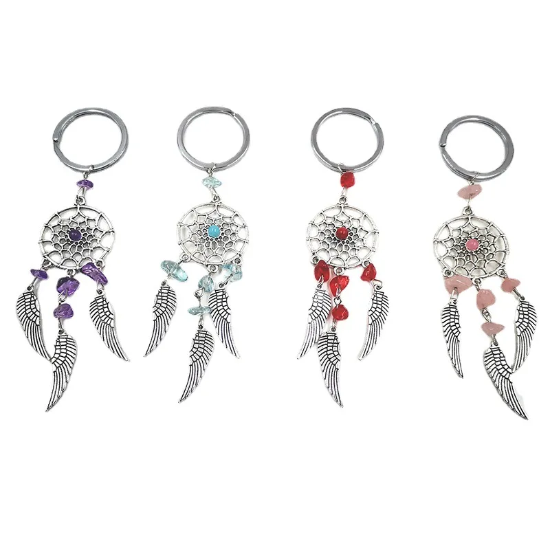 

Fashion Bohemian Dreamcatcher Keychain Metal Feather Pendulum Keyring Natural Crystal Stone Pendant Handbag Ornament Accessions