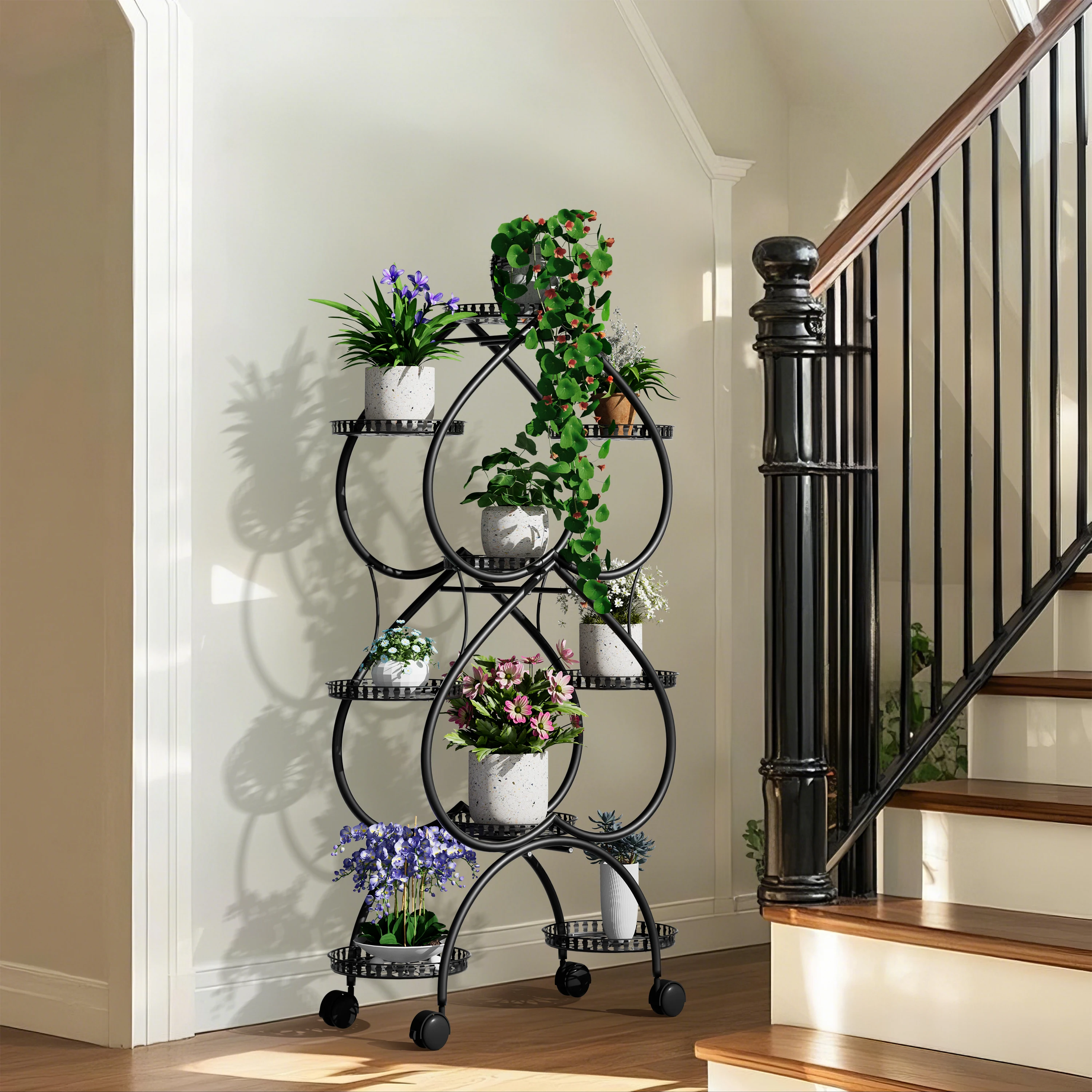 Фото Подставка-стеллаж Plan Stand Rack на 9 поддонов, черная, для цветочных горшков, с колесиками, для улицы №2