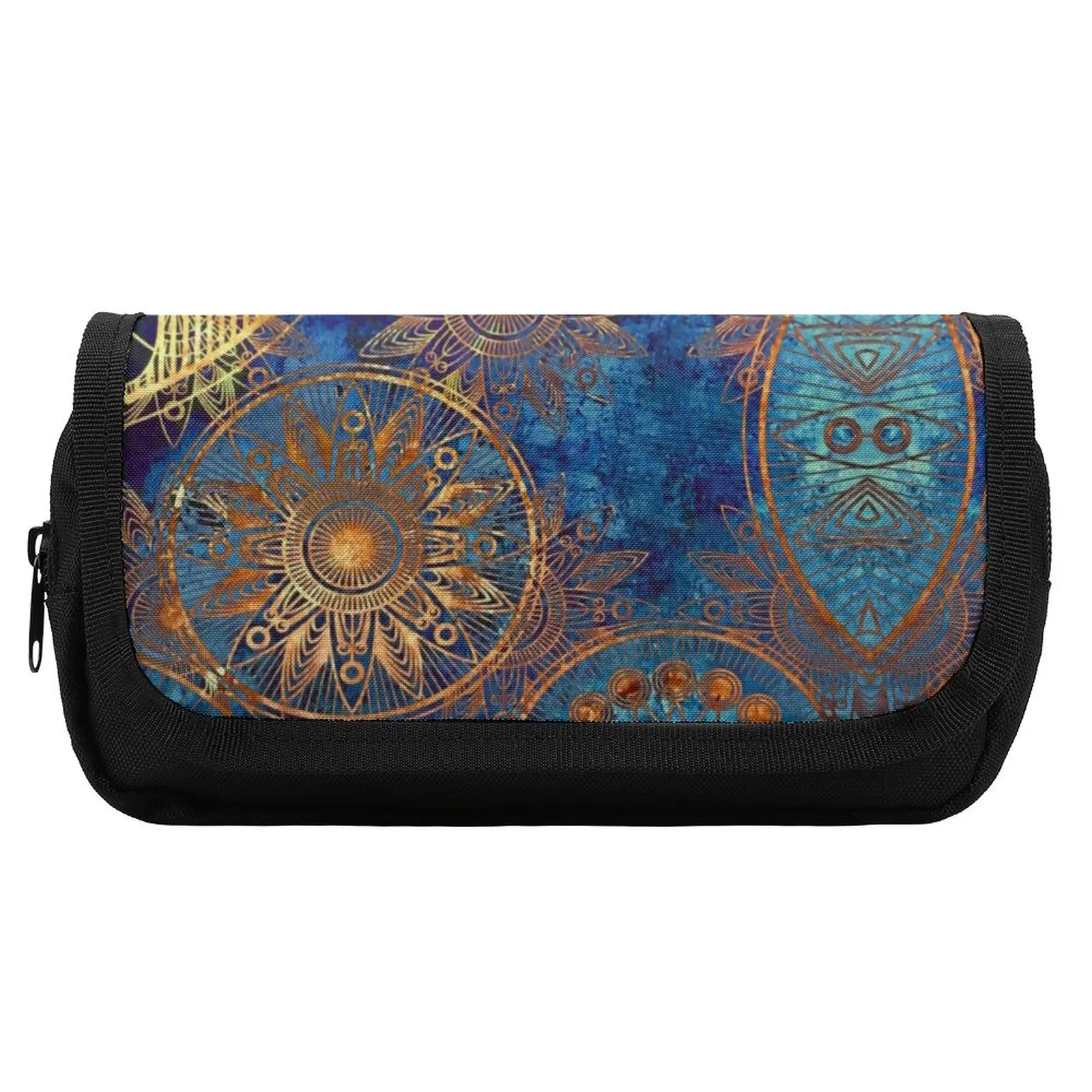 Celestial Steampunk Pencil Case Blue Gold Mandala Elementary School Double Pockets Pencil Box Print Retro Pen Organizer