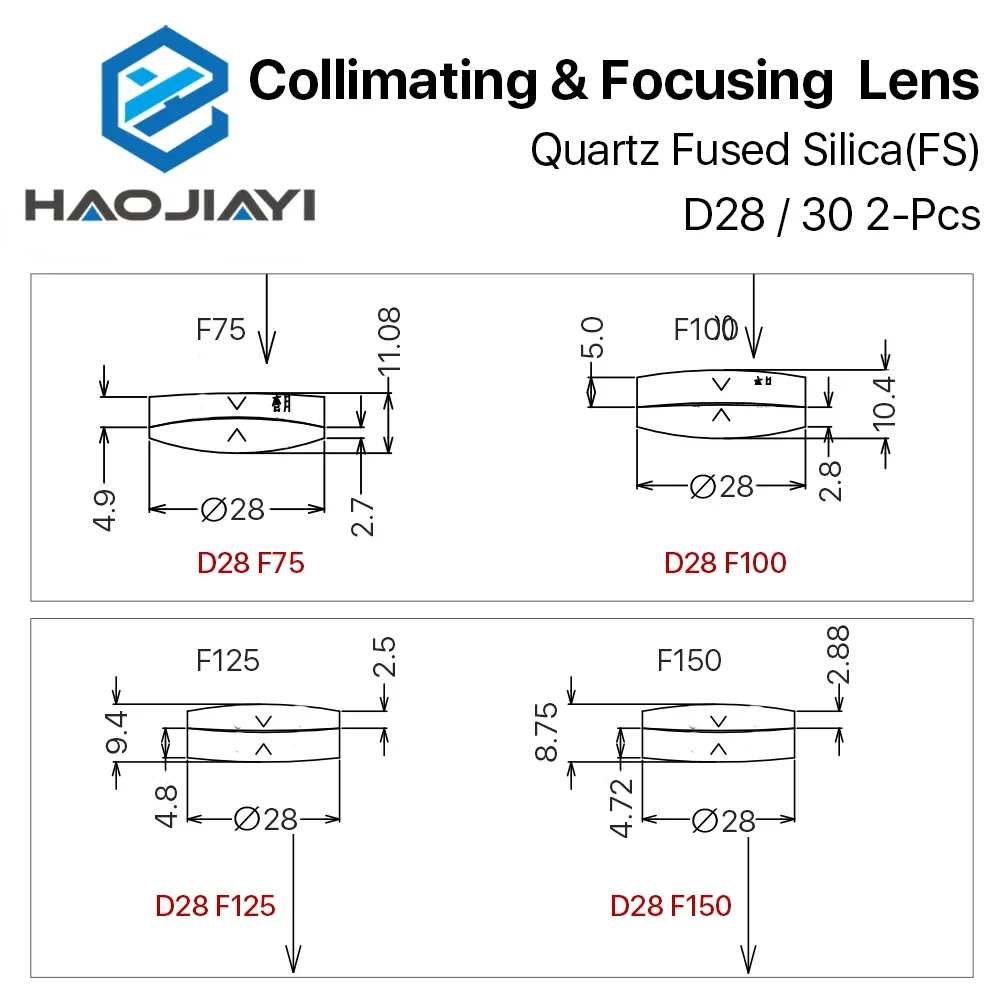 Сферическая фокусирующая линза D28 D30 F75/100/125/150/155/200 мм 2 шт. кварцевый плавленый
