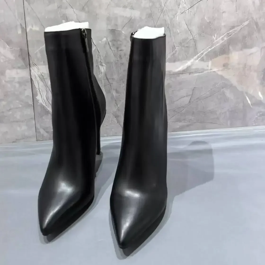 Черные кожаные туфли Botas De Mujer с острым носком, женские туфли на высоком каблуке с красной подошвой, элегантные офисные женские туфли до середины икры для банкета (art.: 3920d3eeceed2) - 3920d3eeceed2