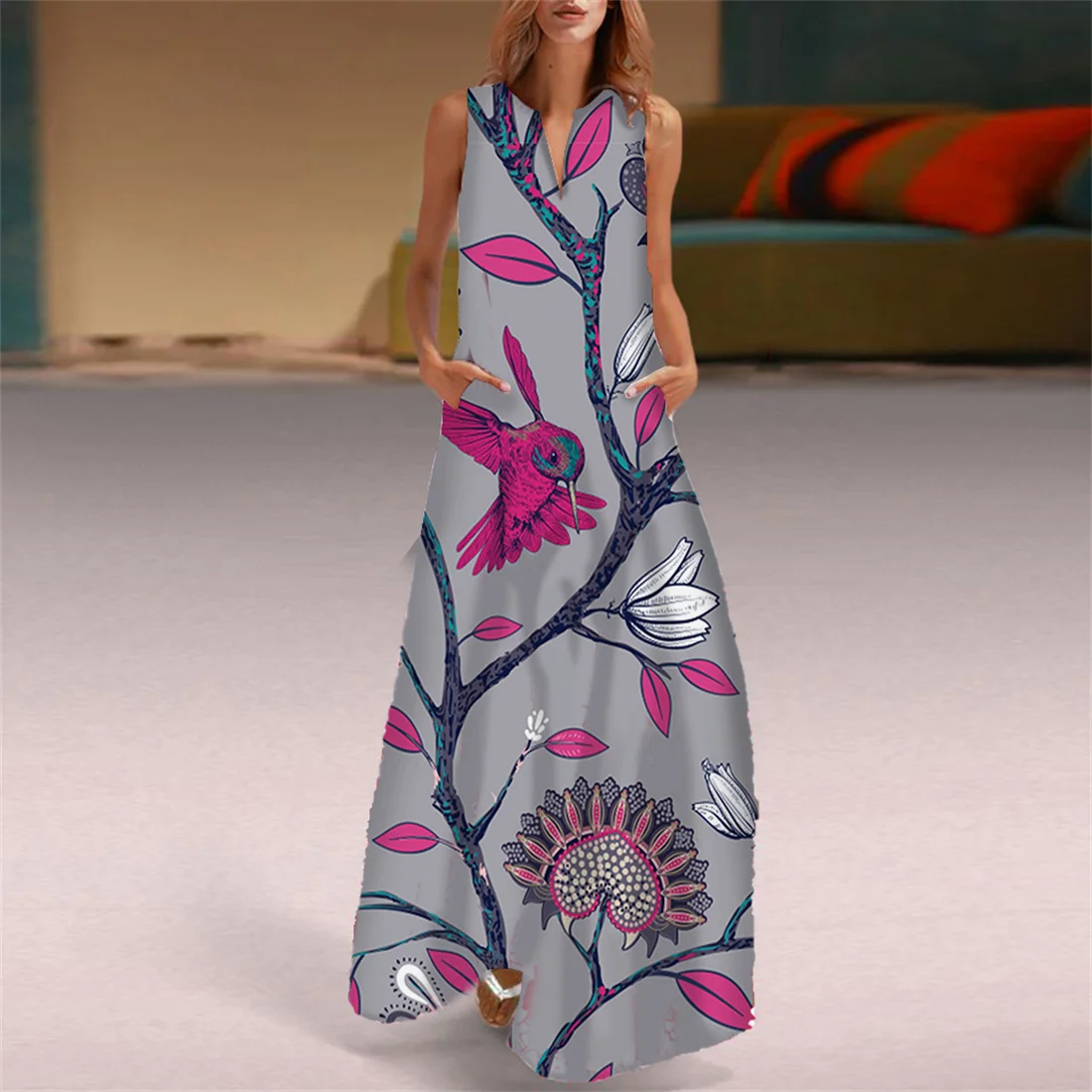 Сарафан с V-образным вырезом женское летнее Мини-Платье милым котом и цветами