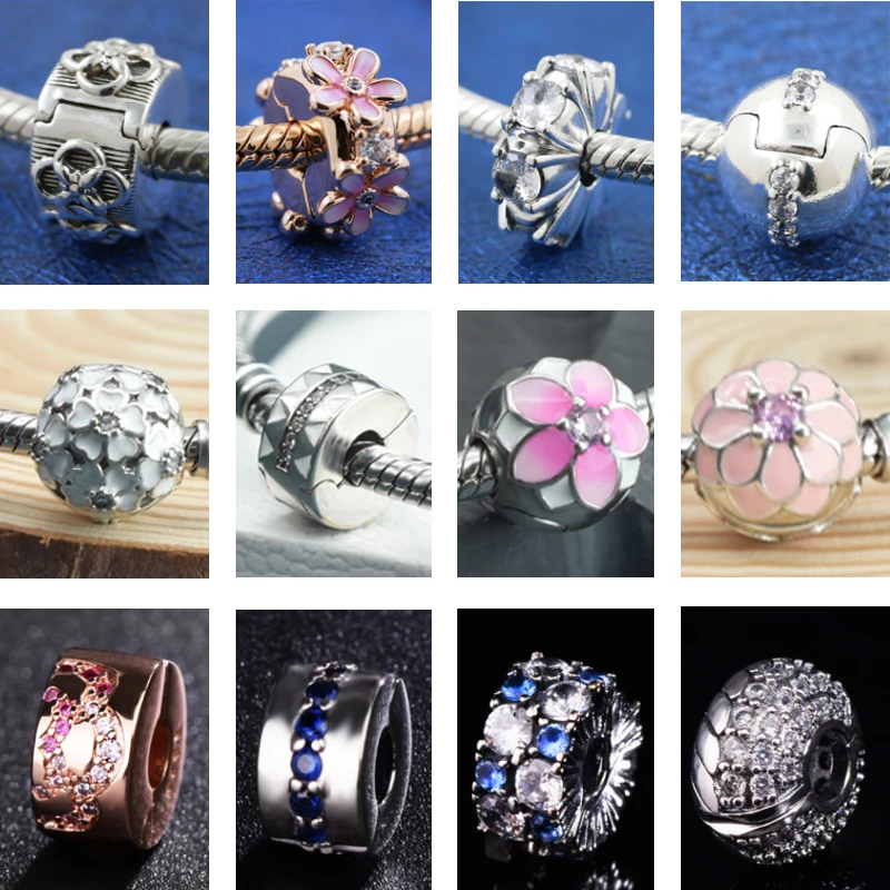 

925 Sterling Silver Positional Clip Sparkling Cherry Blossoms Charm Beads Fit Original Pandora Snake Bracelet Women Jewelry Gift