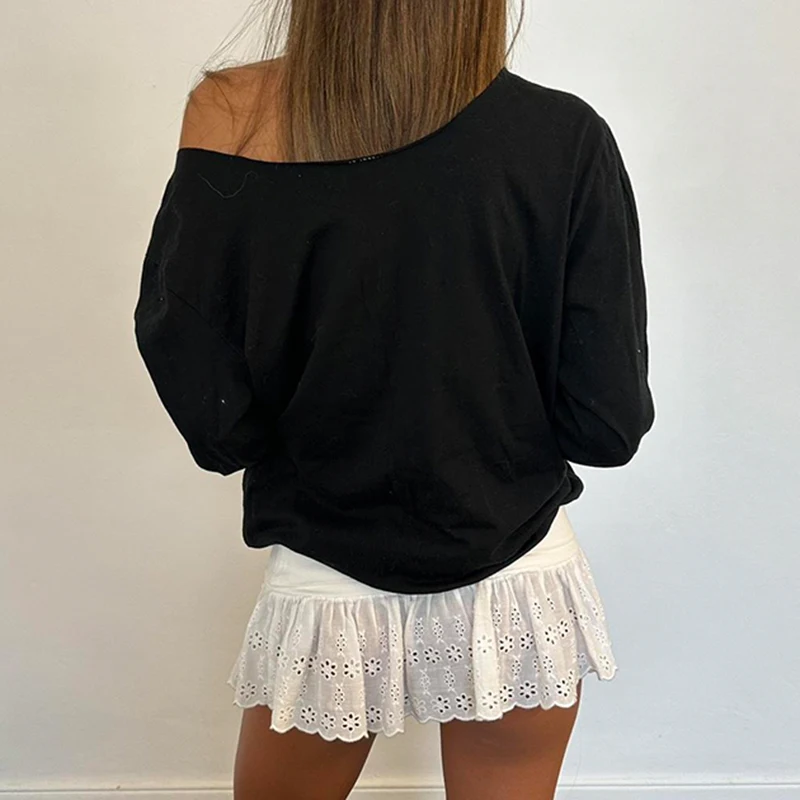 CIBBAR Черная Асимметричная Футболка С Длинными Рукавами Уличная Одежда Y2K