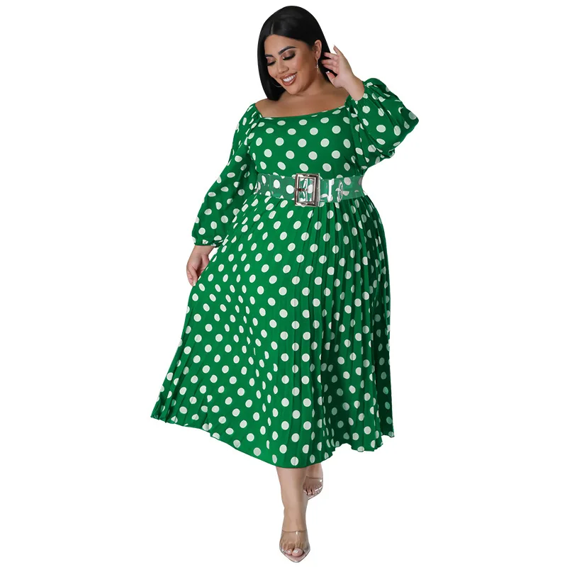 Plus Size Dress Long Sleeve Mid-Calf Belt Lantern Sleeve Square Collar Party Dresses Evening Dresses Elegant Dresses for Women