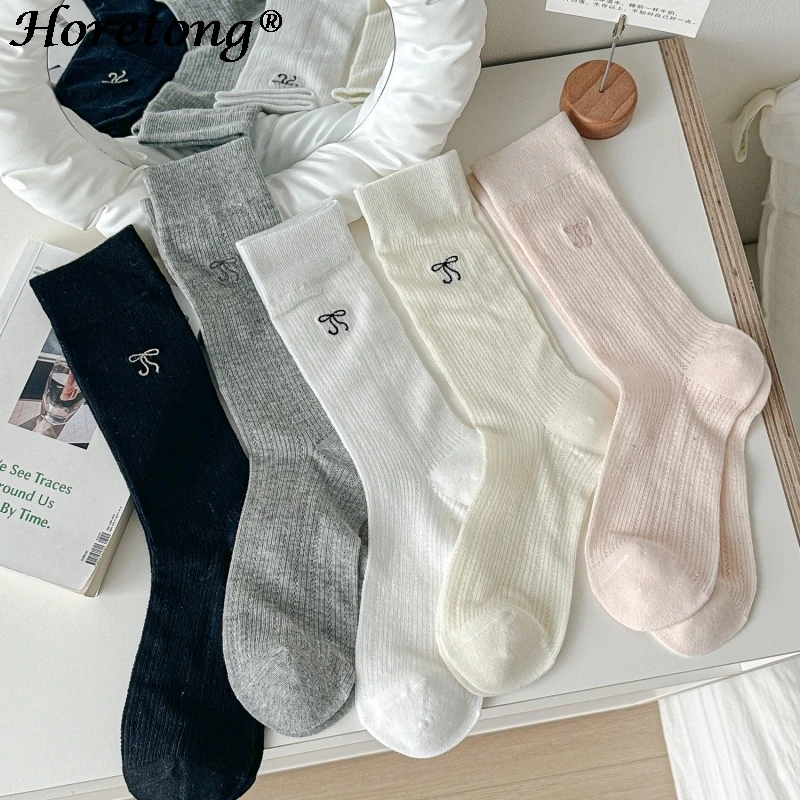 1 пара женские тонкие хлопковые носки с вышивкой и бантом