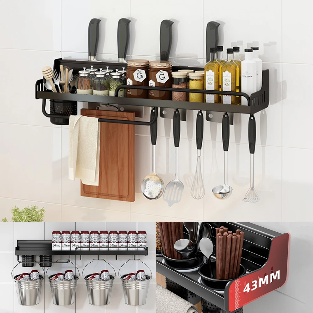 

Kitchen Storage Shelf Wall-mounted Spice Racks Set Space Aluminum Multifunctional Punch-free Kitchen Shelf Storage Organizer