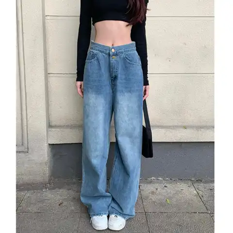 Women's Jeans Woman High Waist Female Clothing Y2k Denim Streetwear Straight Leg Jeans Korean Fashion Vintage Clothes Pants Blue