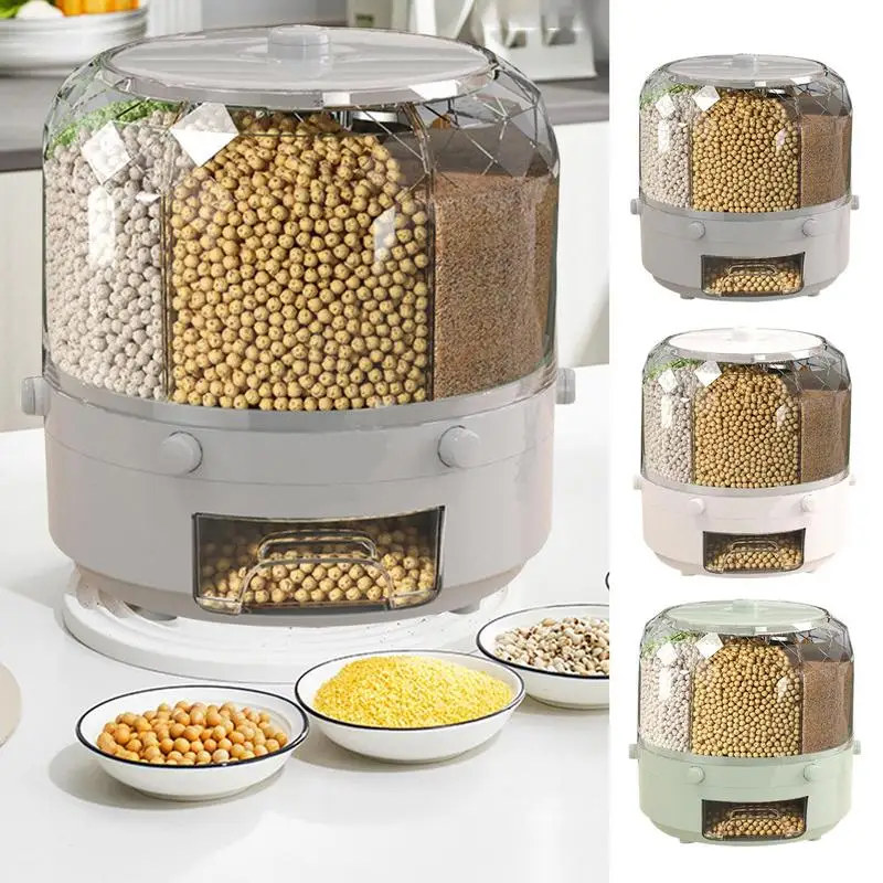 

6 Grid Rotating Grid Grain Rice Food Transparent Bucket Dispenser Rotatable Storage Box Grain Dispenser Kitchen Storage Boxes