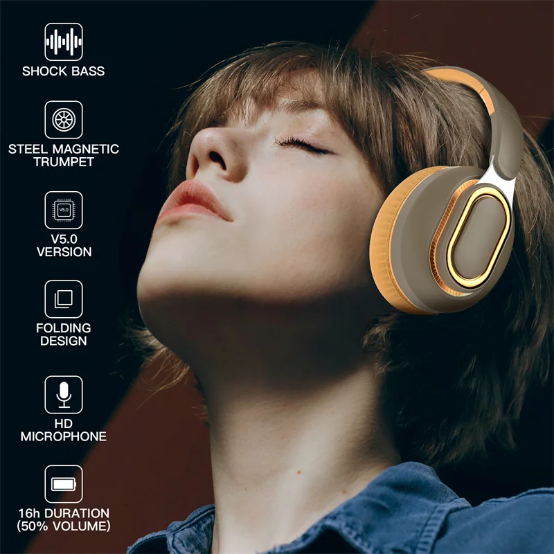 

YOVONINE H7 Wireless Headphone Bluetooth Earphones Deep Bass Headset Hifi Sound Foldable Over Ear Helmet with Mic for Game Sport