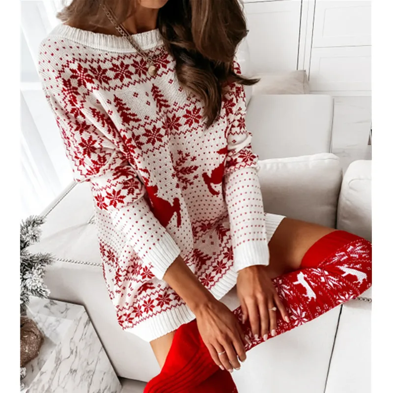 

Y2K Women Christmas Dress Snowflake Fawn Print Sweater Jacquard Knitted Loose Fit Long Sleeve O-neck Dress Autumn Winter Dresses