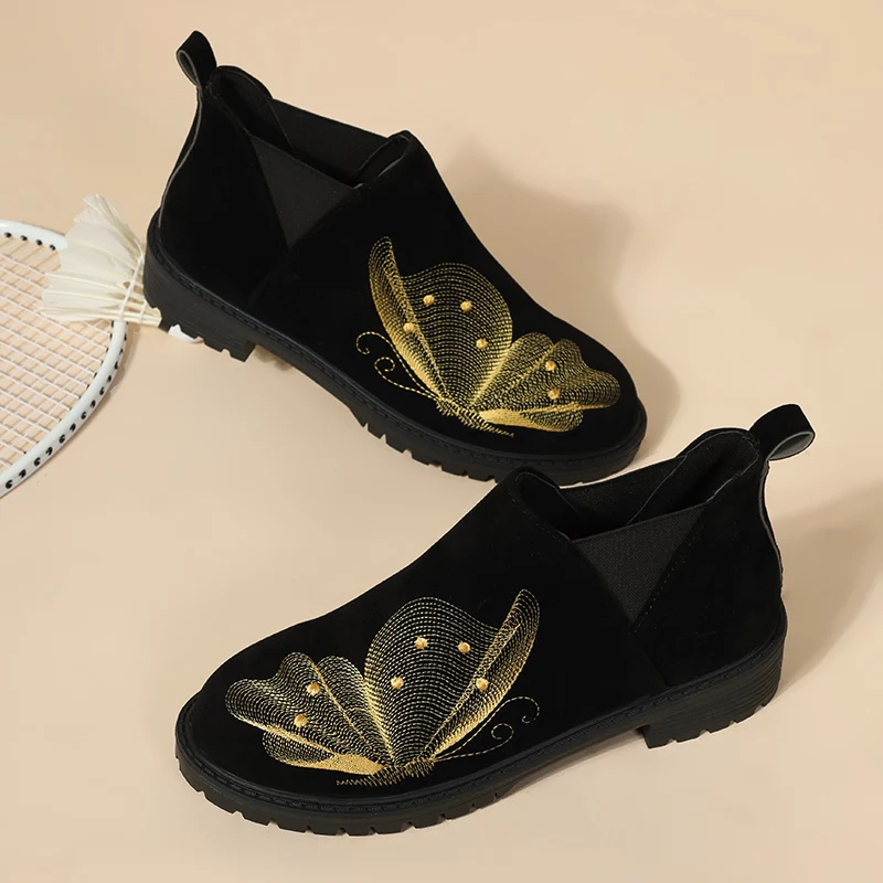 Туфли женские замшевые с вышивкой лоферы на среднем каблуке мягкая подошва