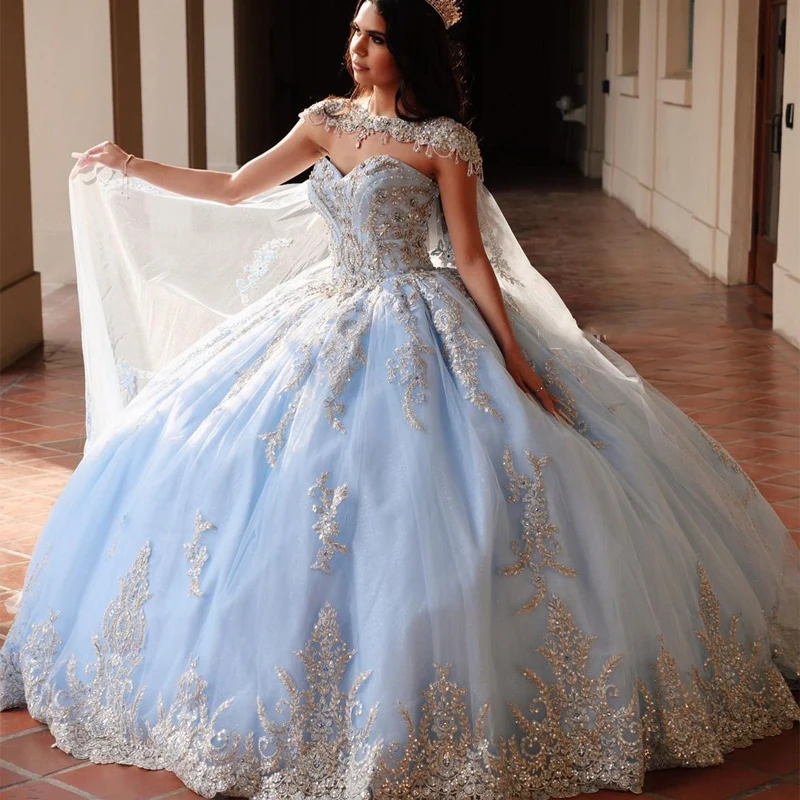 

Sweetheart Quinceanera Dresses For 15 Years Fashion Lace Beading Court Train With Cape Princess Birthday Party Gown