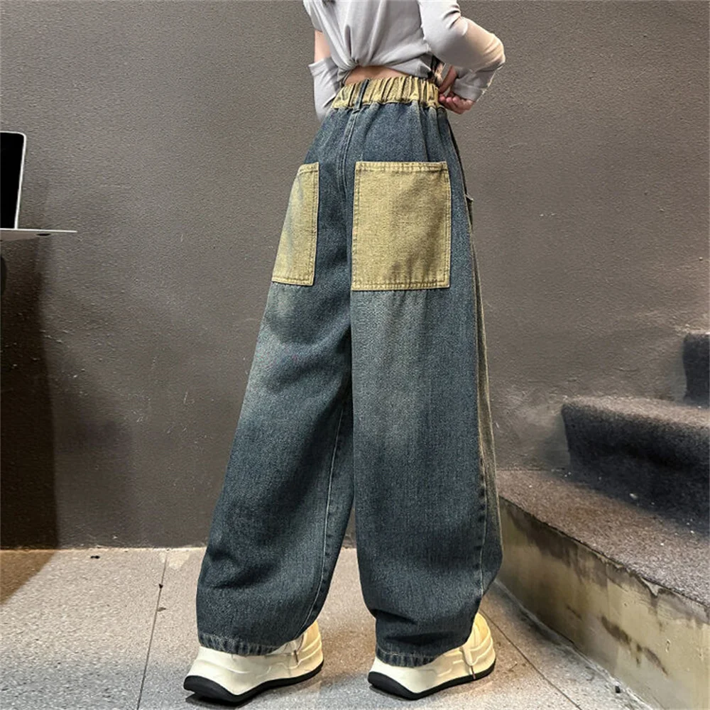 2431 корейские модные джинсы с изогнутыми ножками для девочек детские широкие