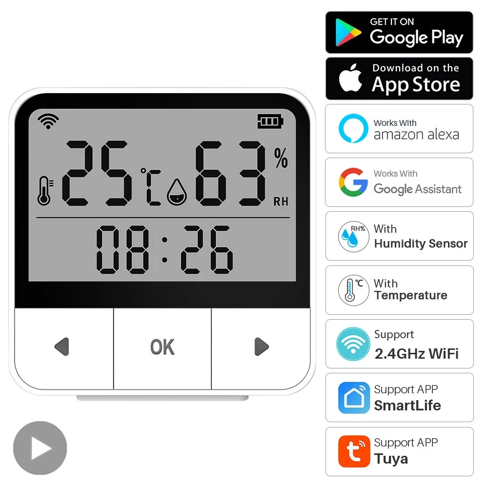 

Tuya WiFi для Alexa Google Assistant умный дом датчик температуры и влажности Smartlife гигрометр термометр настольные часы