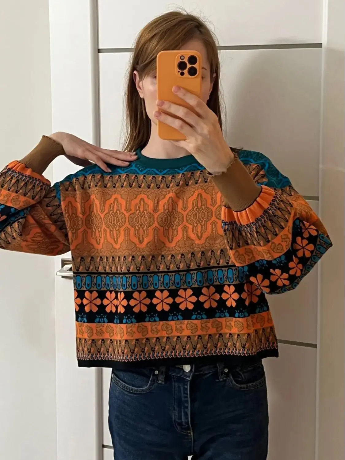 Женский короткий свитер в стиле ретро теплый трикотажный пуловер с цветочным