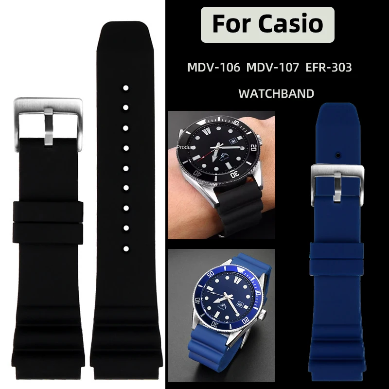 Фото Силиконовый ремешок для часов 20 мм 22 мм для часов CASIO Swordfish Duro MDV-106 MDV-107 EFR-303, водонепроницаемый резиновый спортивный ремешок №3