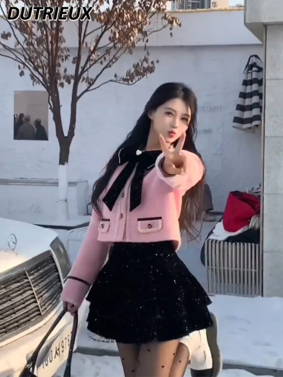 Оверсайз милое розовое шерстяное пальто во французском стиле с длинными