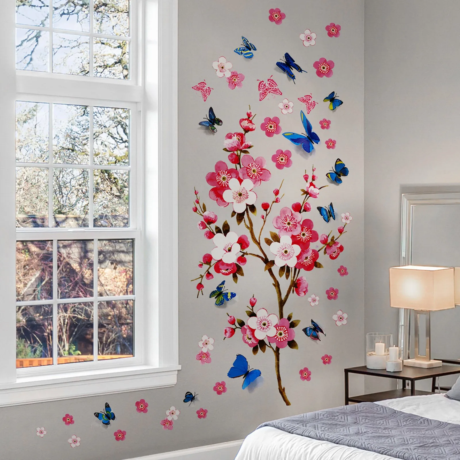 

Pink Wall Stickers Removable DIY Background Wall Decal Paper Butterflies Pink Pink Flower Wall Decals 3d Wall Sticker Kitchen