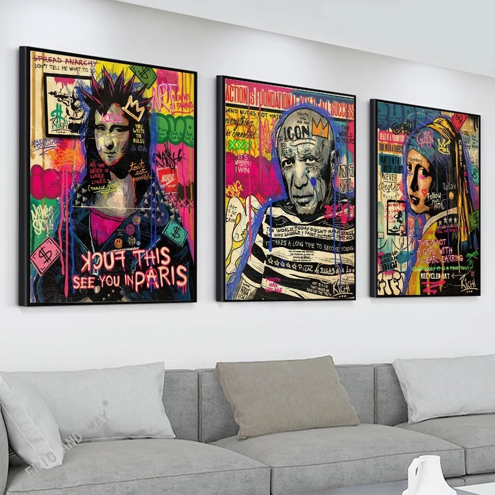 Настенный постер Monalisa с изображением граффити, живопись на холсте, фото для гостиной, украшение для дома Настенный постер Monalisa с изображением граффити, живопись на холсте, фото для гостиной, украшение для дома