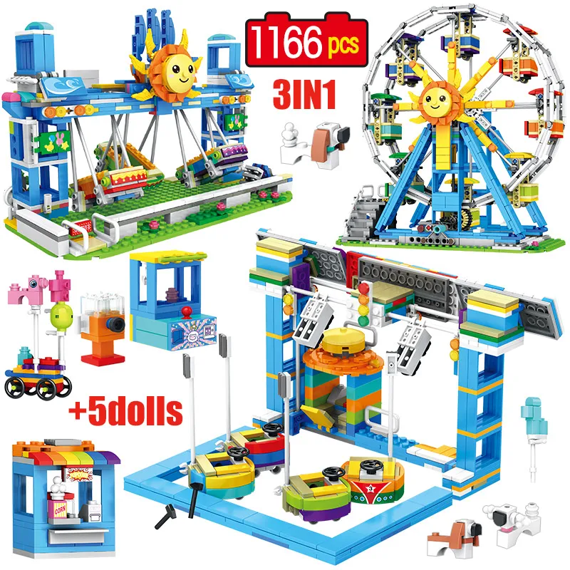 

1166pcs 1 Change 3 City Street View Ferris Wheel Building Blocks Sunflower Bricks Entertainment Car Game Toys For Children Gifts